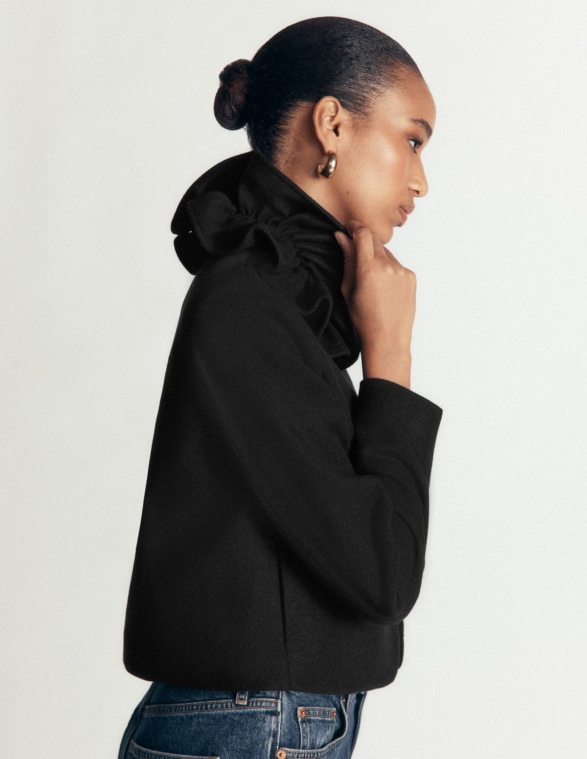 Ruffle Neck Wool Jacket-Black-5