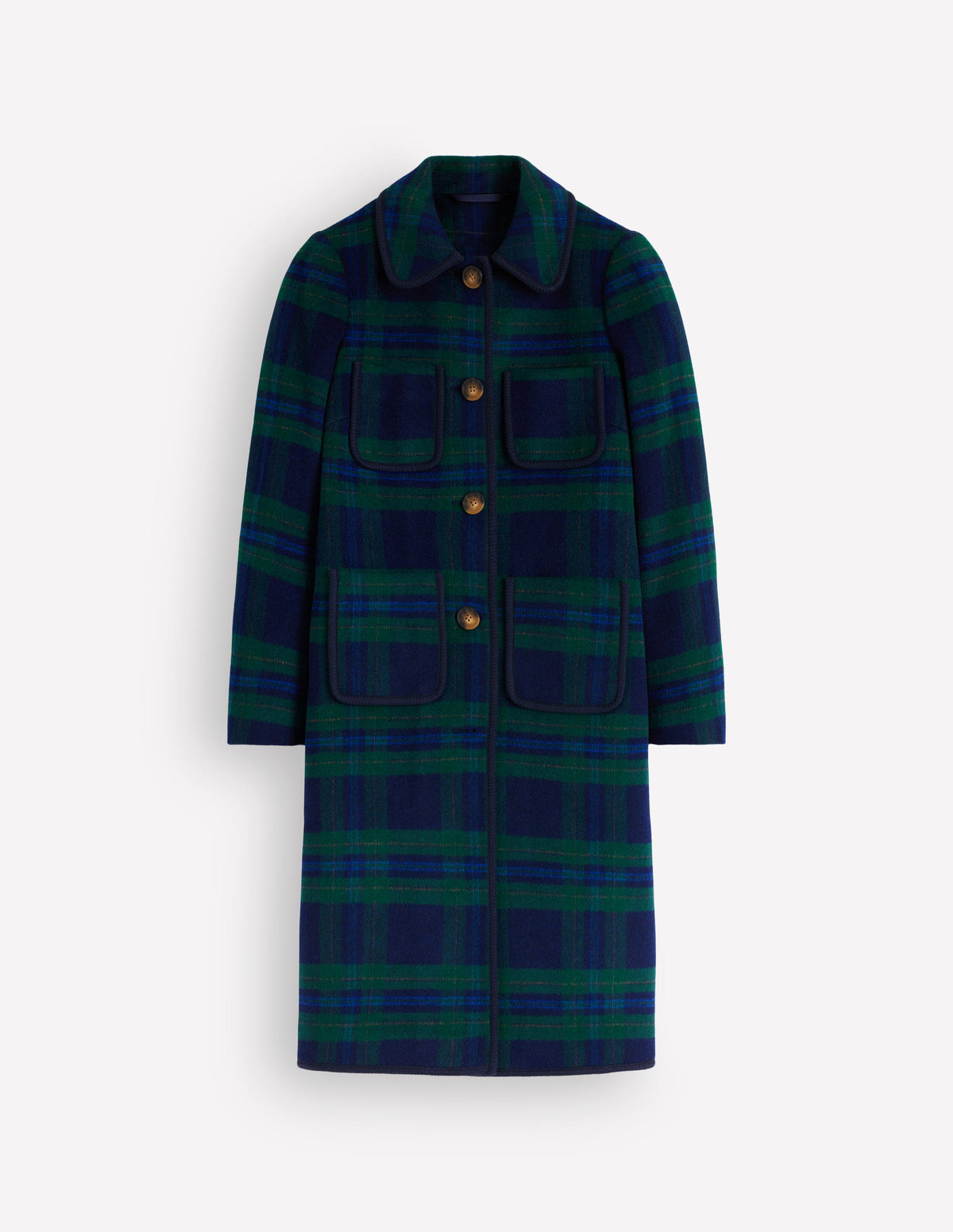Patch Pocket Wool Blend Coat-Navy, Green and Blue Check-8