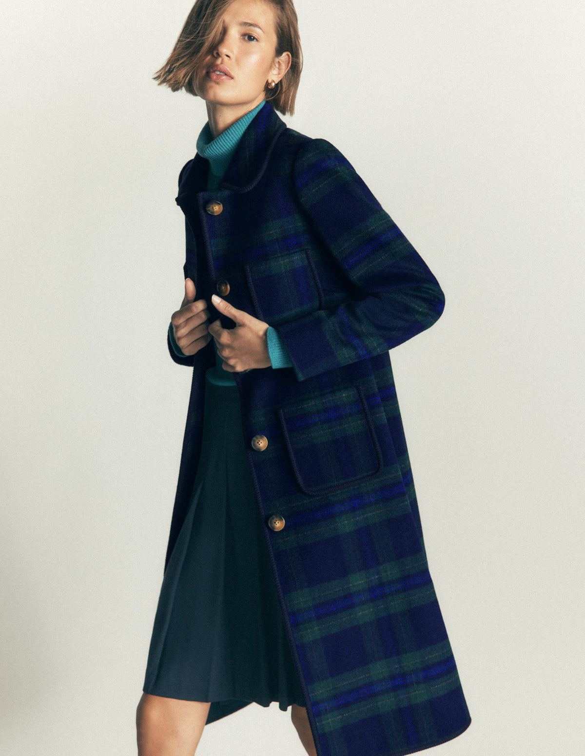 Patch Pocket Wool Blend Coat-Navy, Green and Blue Check - Image 2