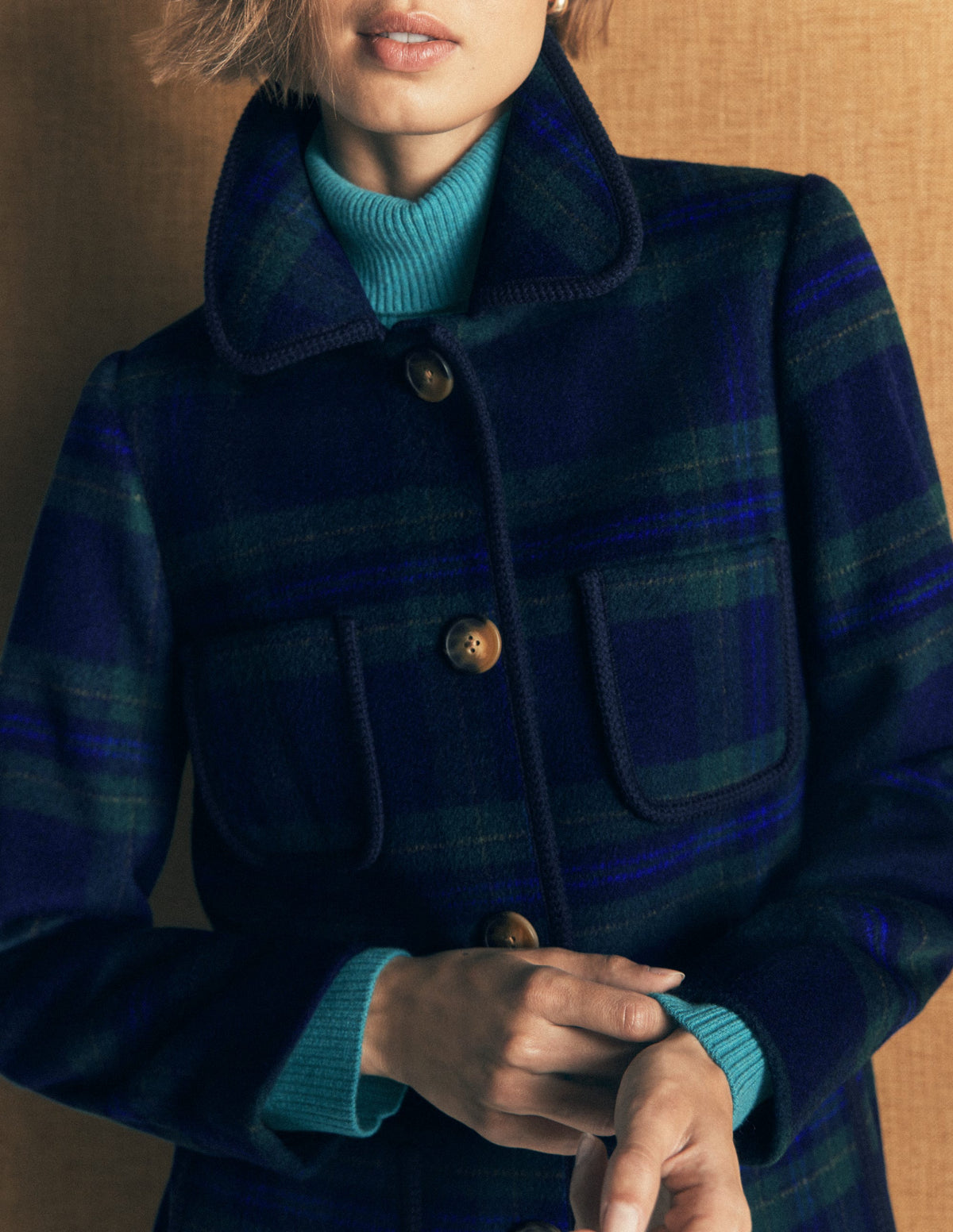 Patch Pocket Wool Blend Coat-Navy, Green and Blue Check-4