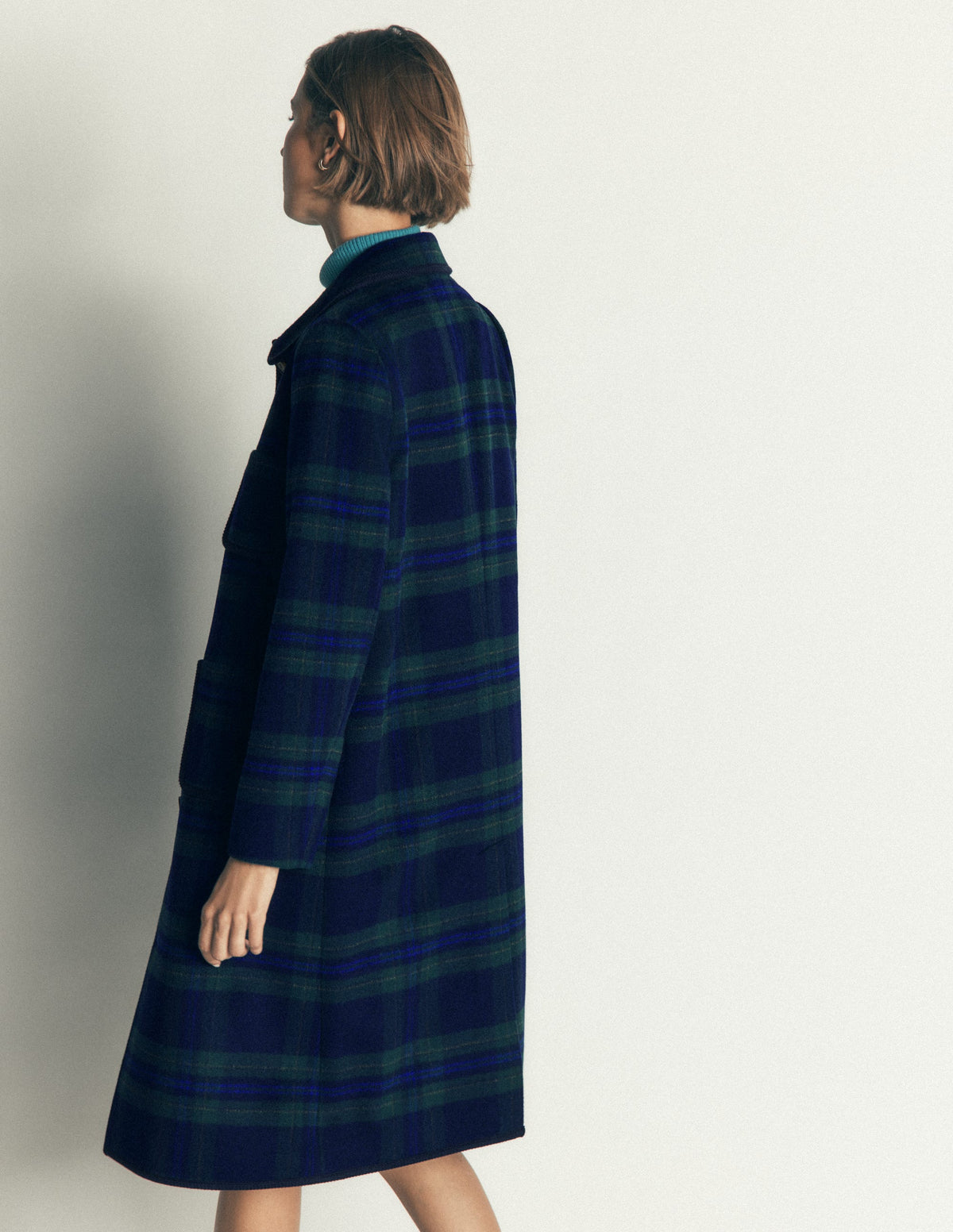 Patch Pocket Wool Blend Coat-Navy, Green and Blue Check - Image 4