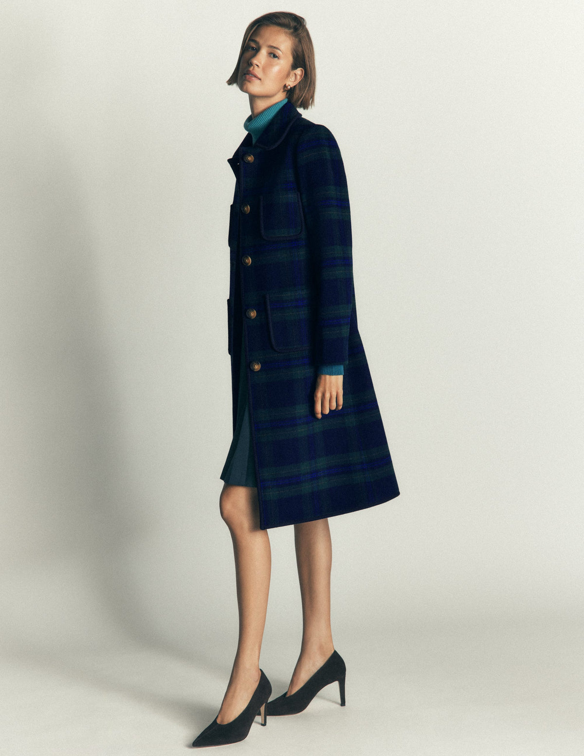 Patch Pocket Wool Blend Coat-Navy, Green and Blue Check-6