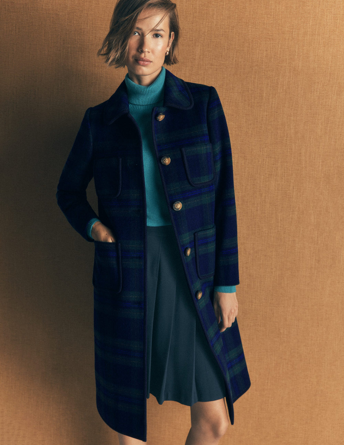 Patch Pocket Wool Blend Coat-Navy, Green and Blue Check-7