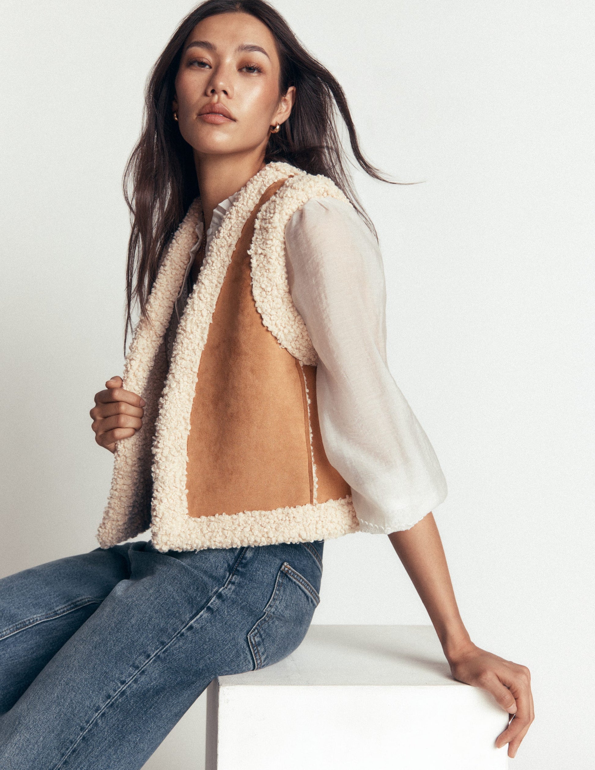 Borg Trim Cotton Gilet-Sand-1