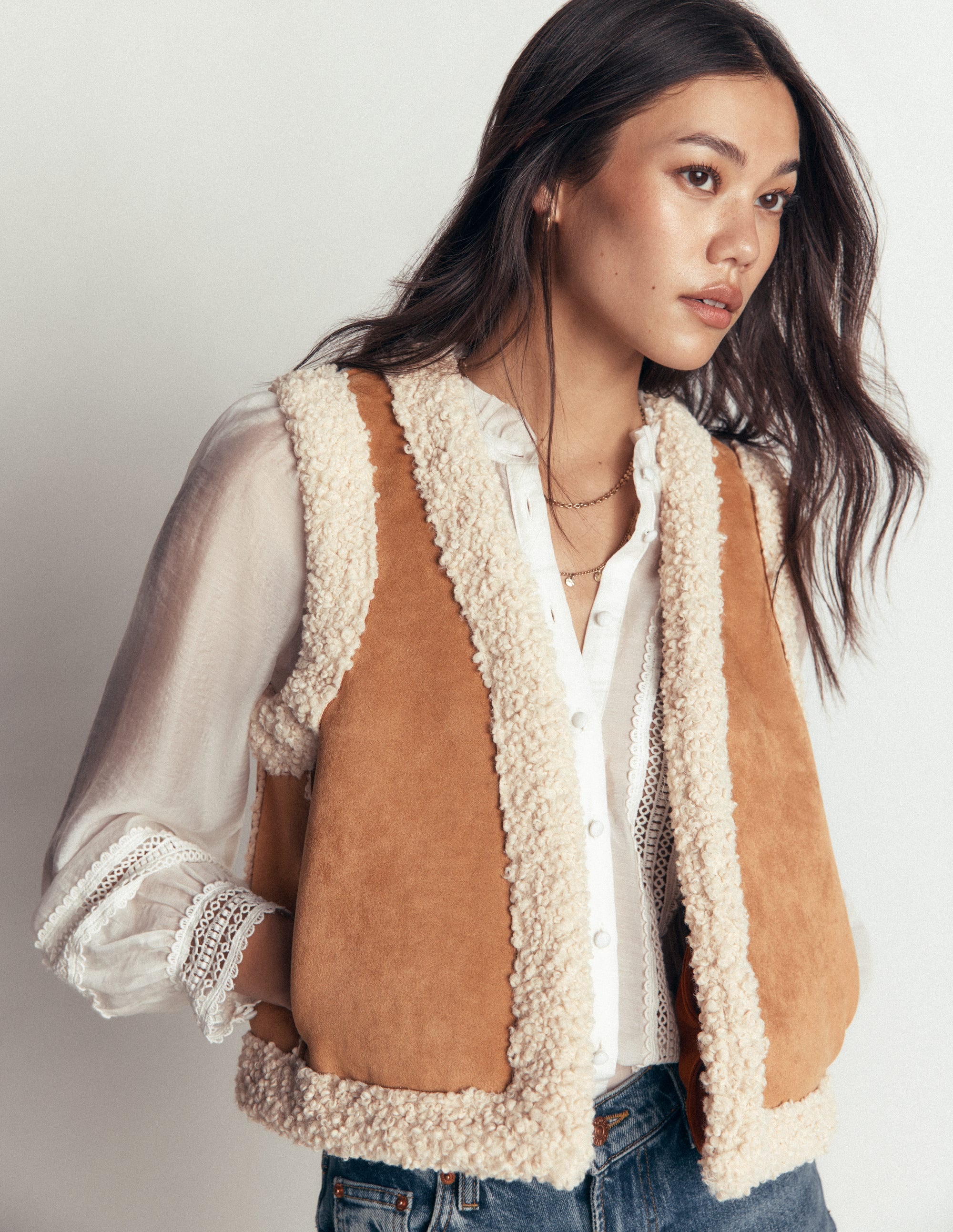 Borg Trim Cotton Gilet-Sand - Image 3
