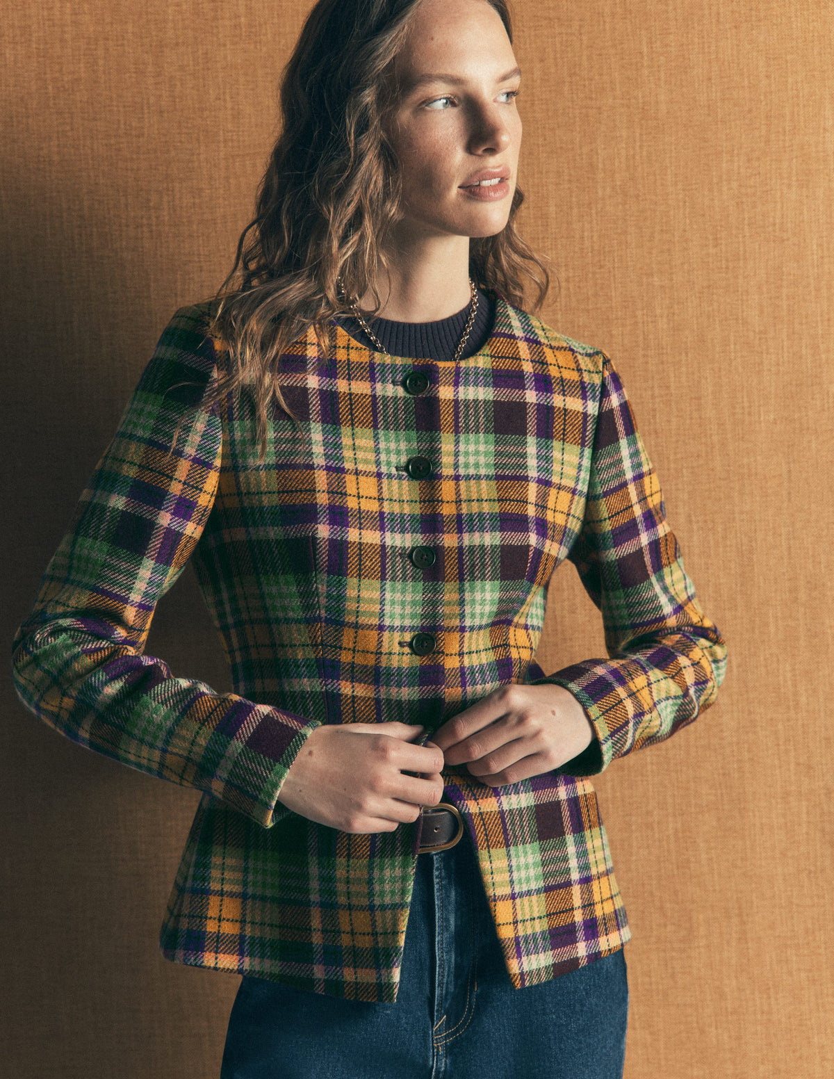 Collarless Wool Blend Blazer-Yellow, Maroon Multi Check-1