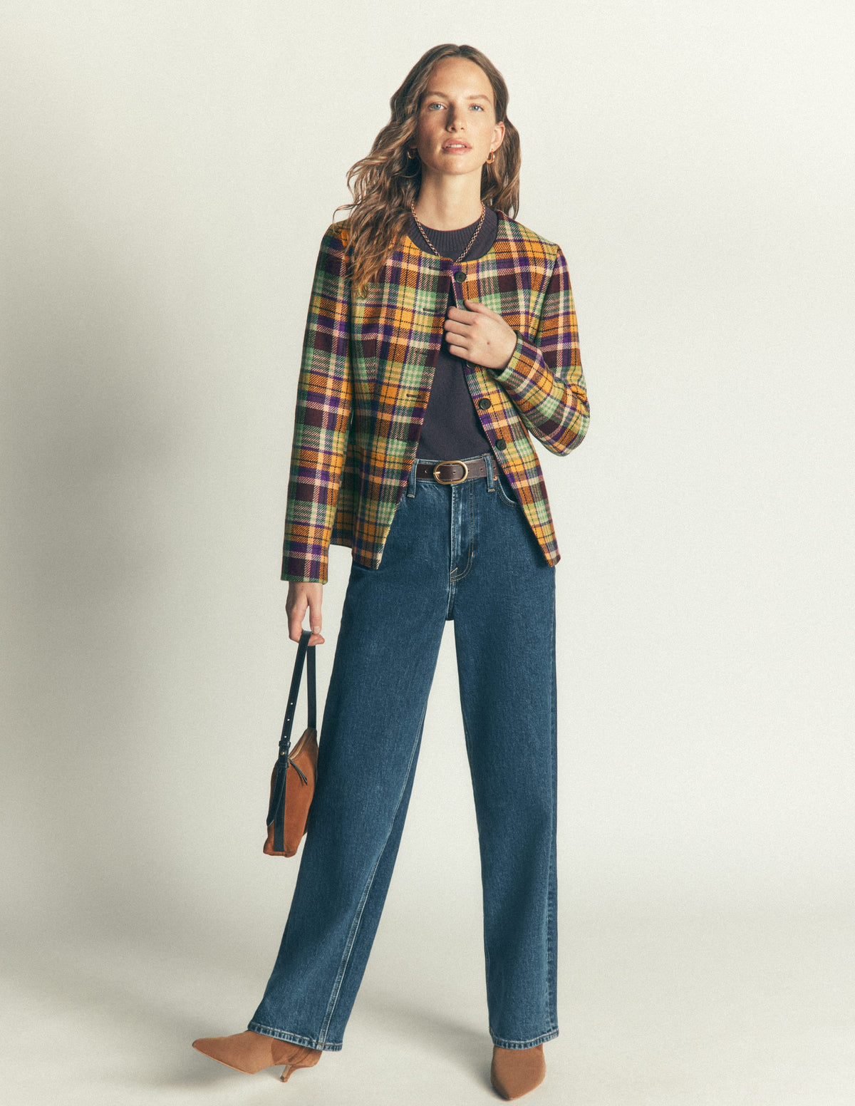 Collarless Wool Blend Blazer-Yellow, Maroon Multi Check-4