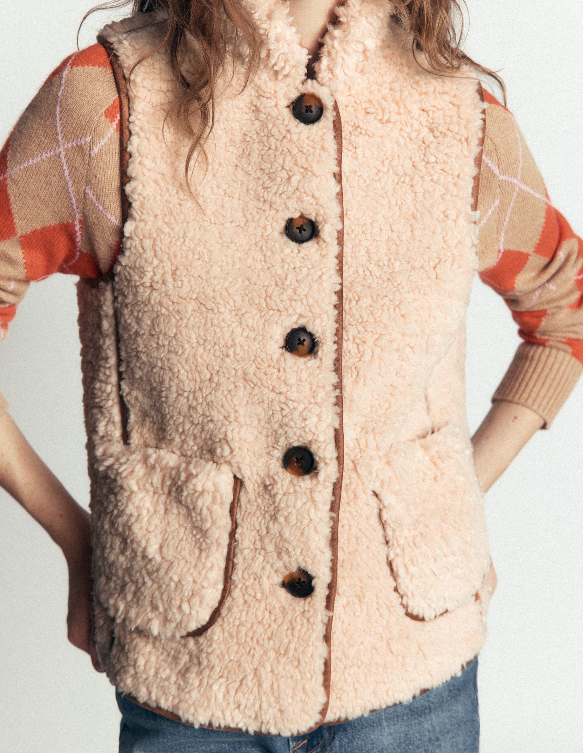 Funnel Neck Borg Gilet-Natural Borg-2