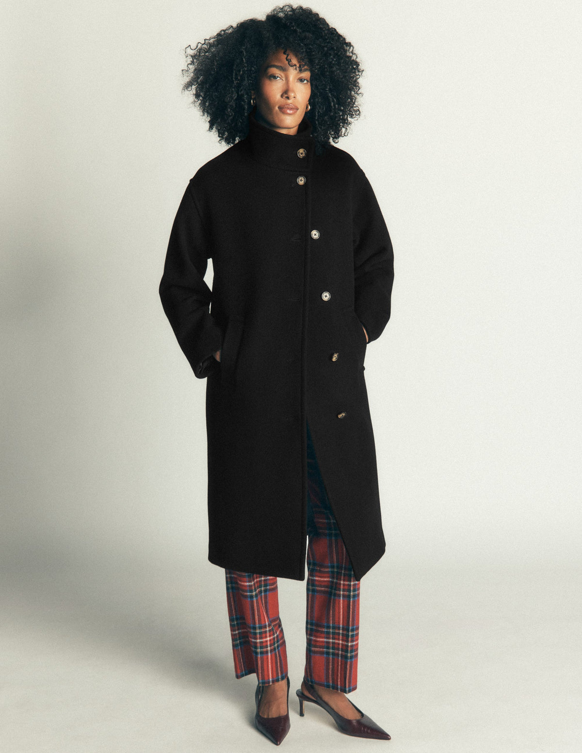 Funnel Neck Longline Wool Coat-Black-4