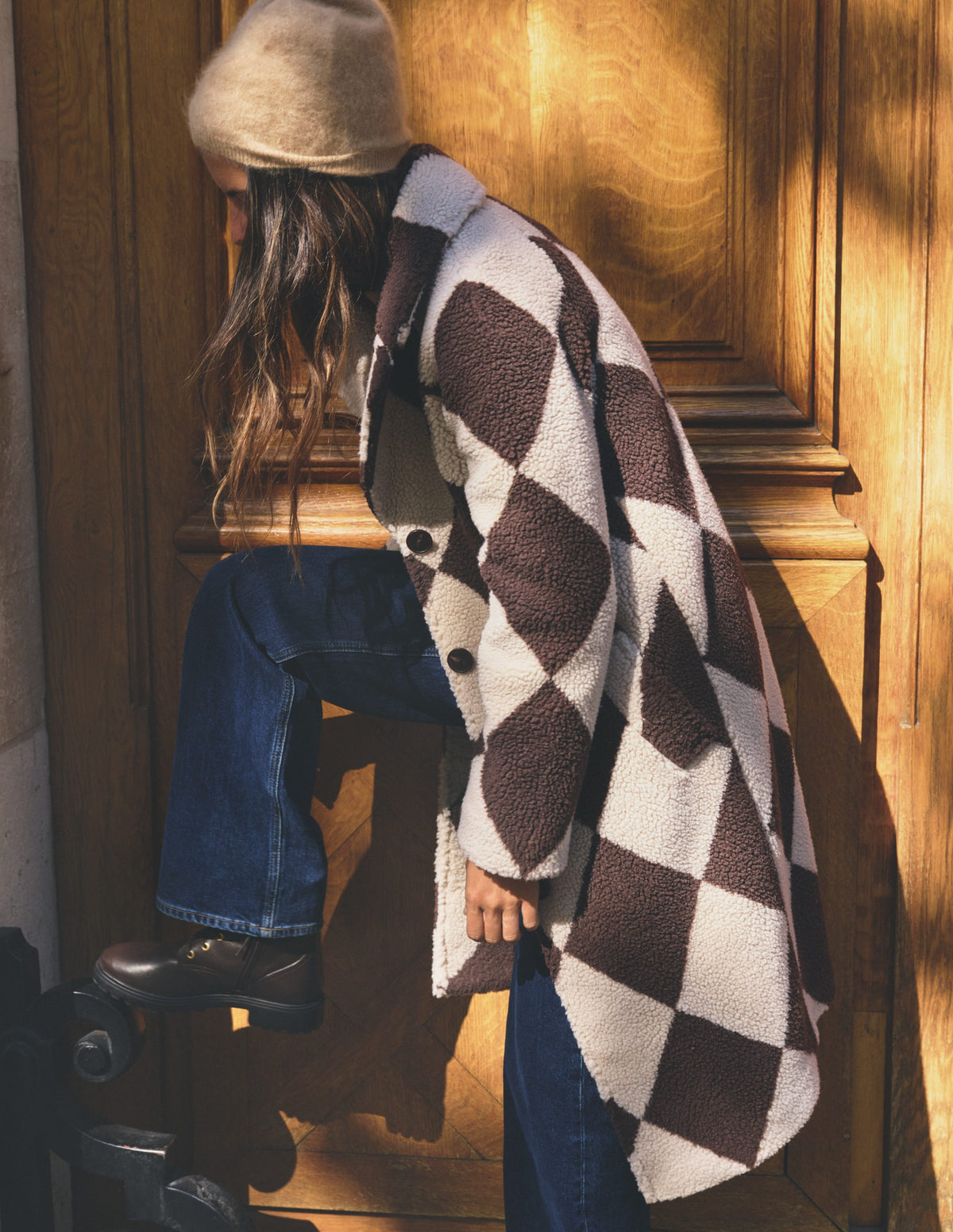 Cotswold Borg Coat-Mink & Brown Giant Borg Argyle - Image 1
