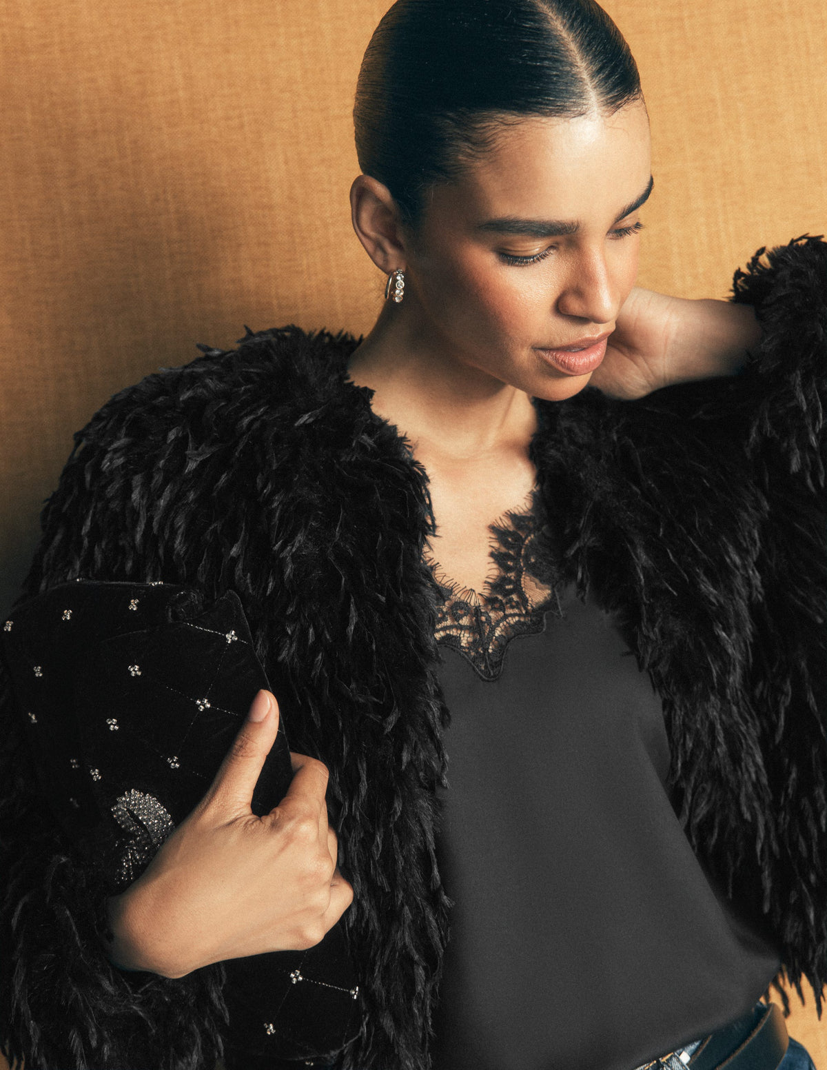 Faux Feather Tassle Jacket-Black-2