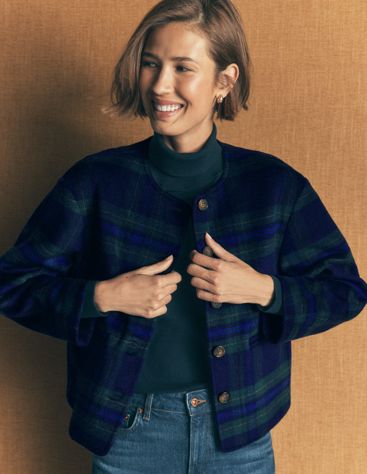 Scarf Neck Jacket-Navy, Green, Blue Tonal Check - Image 2