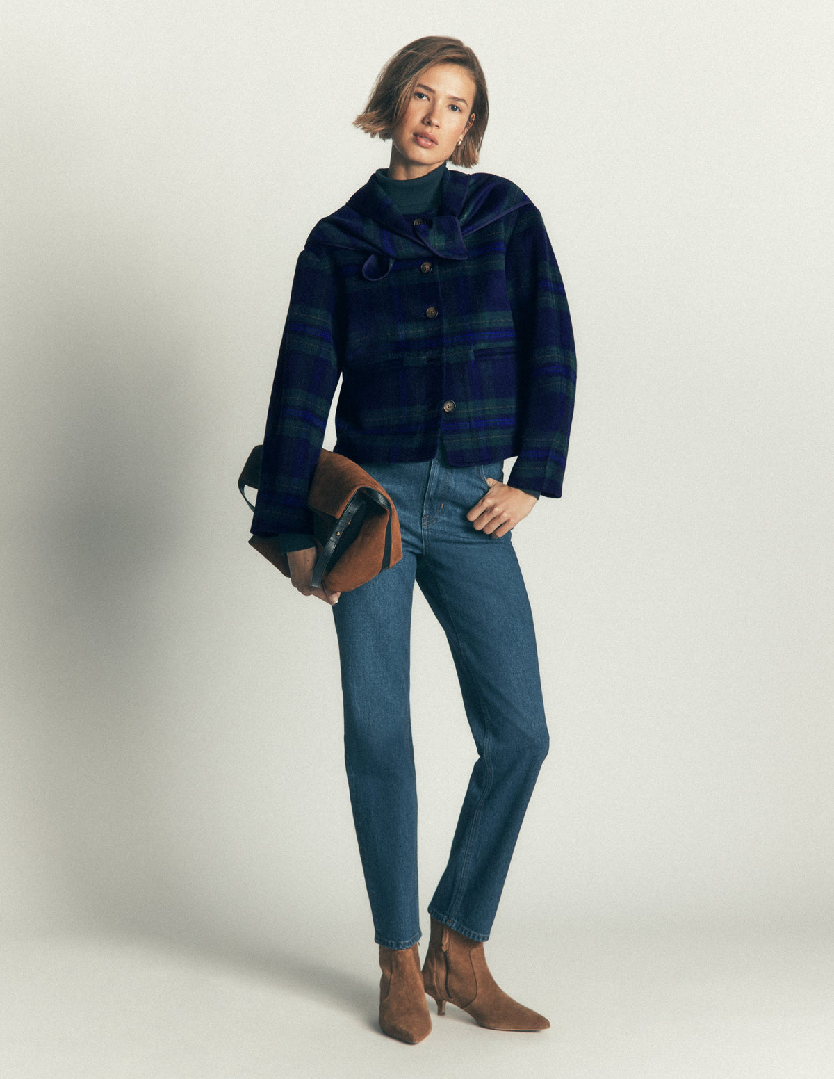 Scarf Neck Jacket-Navy, Green, Blue Tonal Check - Image 5