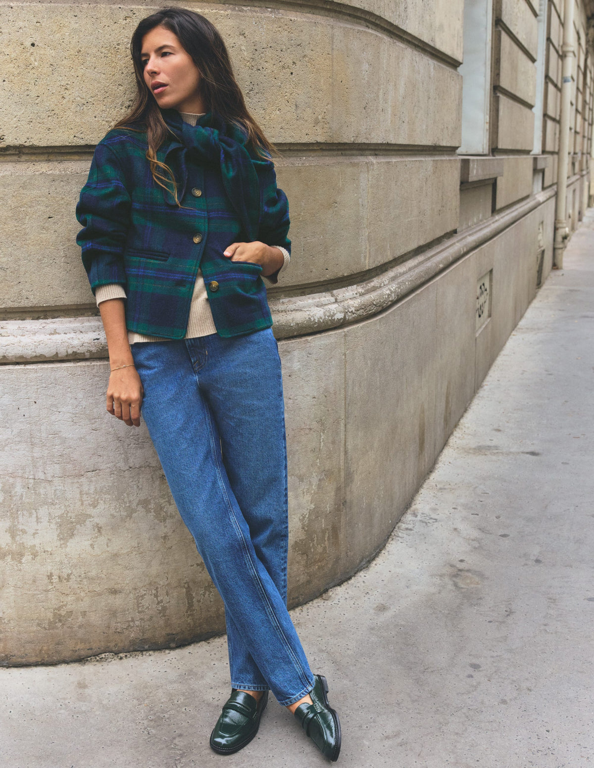 Scarf Neck Jacket-Navy, Green, Blue Tonal Check-1