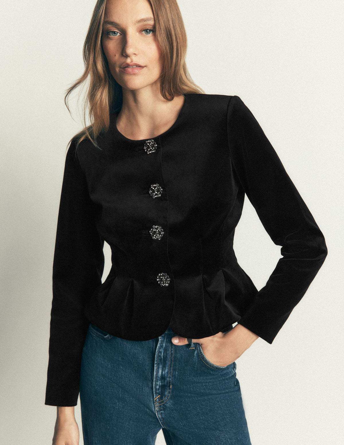 Velvet Waisted Jacket-Black-3