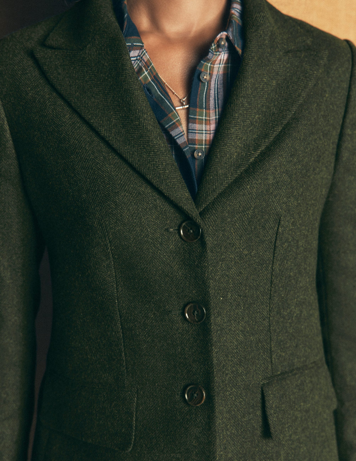 Longline Wool Button Blazer-Dark Green Herringbone-3