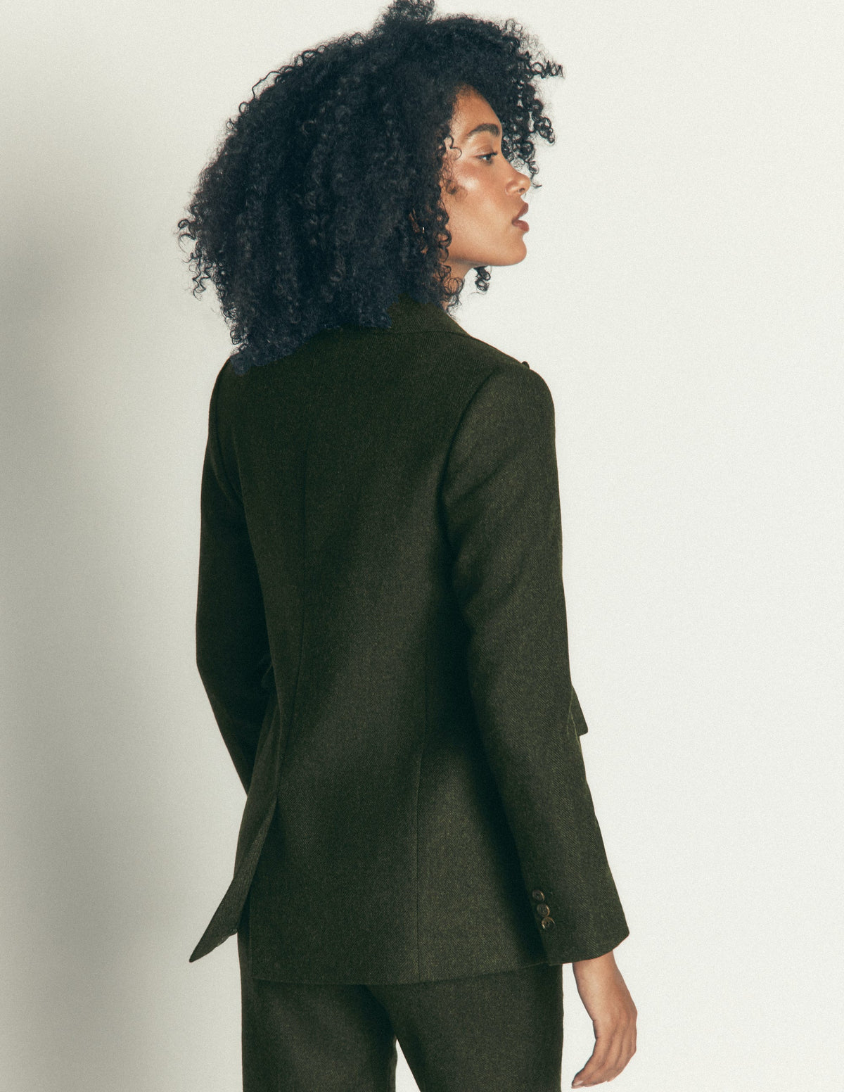 Longline Wool Button Blazer-Dark Green Herringbone-4