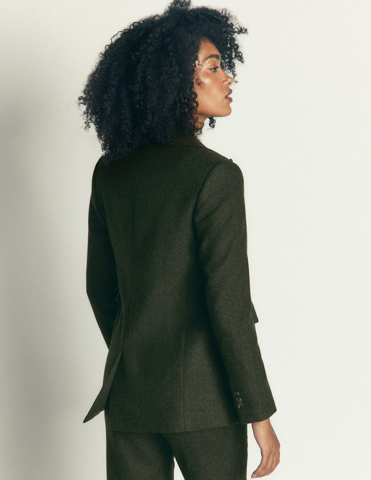 Longline Wool Button Blazer-Dark Green Herringbone - Image 4