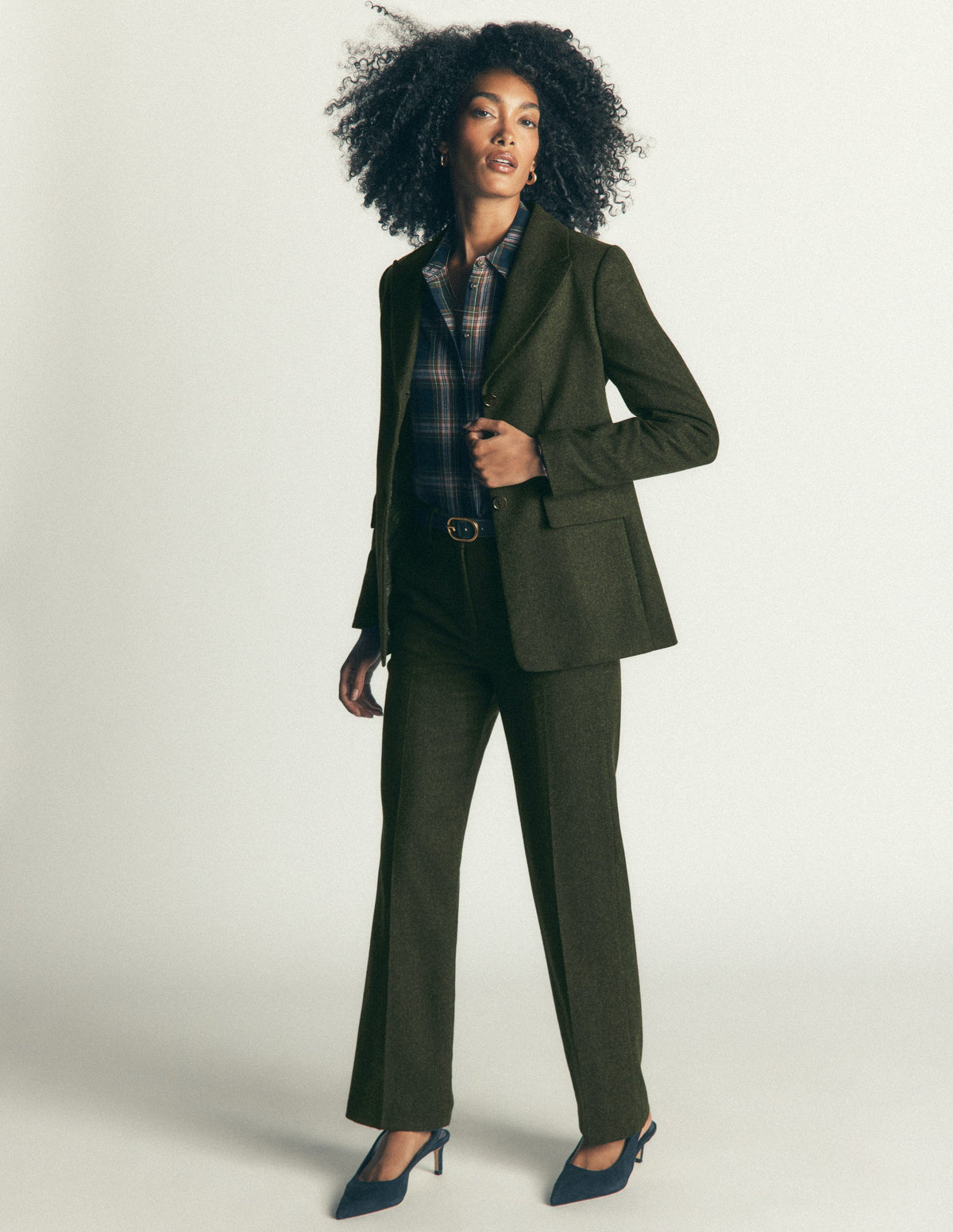 Longline Wool Button Blazer-Dark Green Herringbone-5