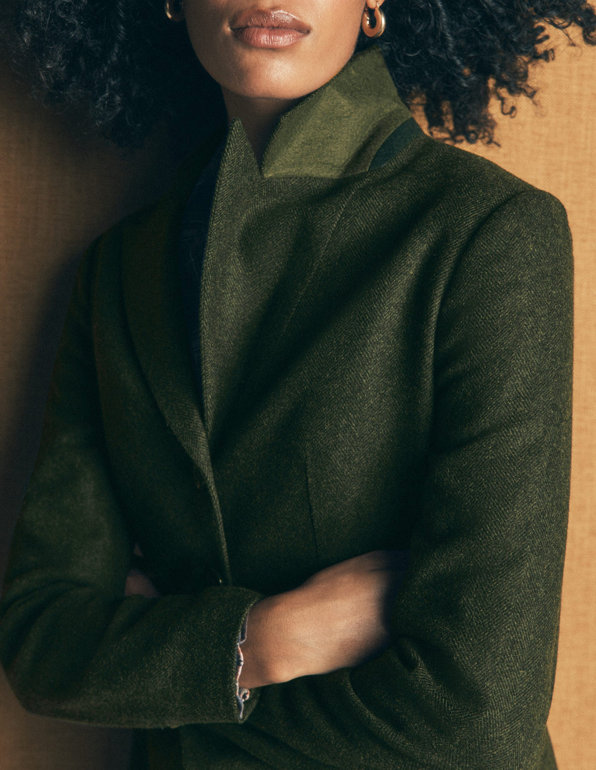 Longline Wool Button Blazer-Dark Green Herringbone-6