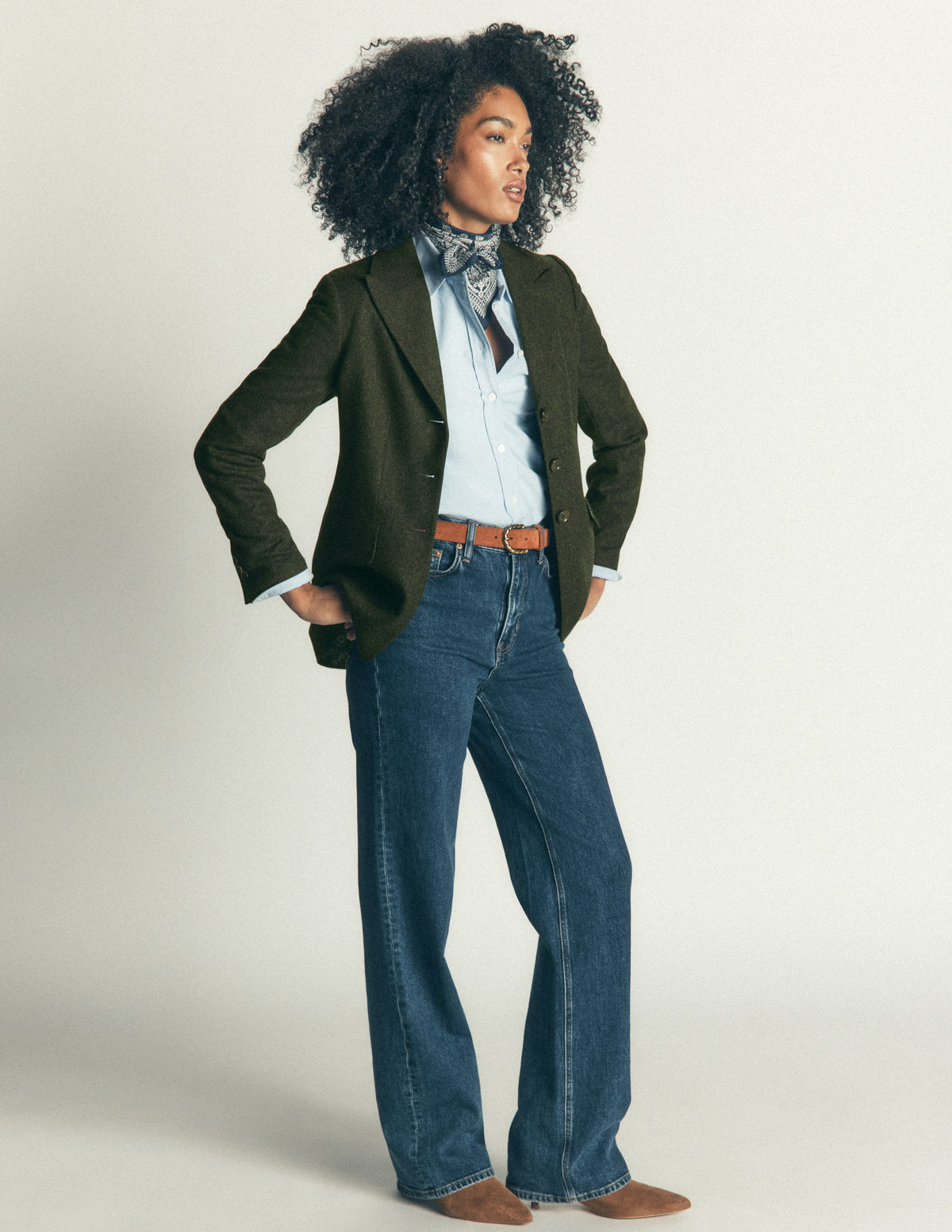 Longline Wool Button Blazer-Dark Green Herringbone-7