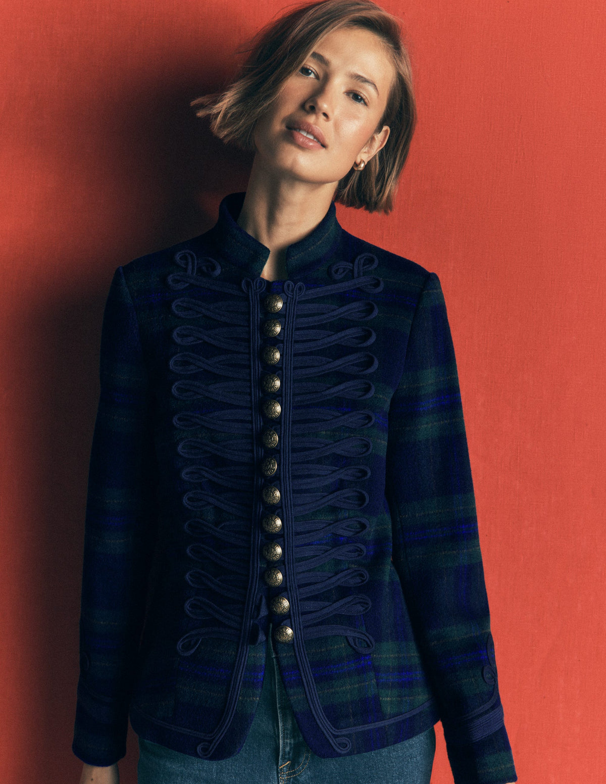 Hereford Military Wool Jacket-Navy, Green, Blue Tonal Check - Image 2