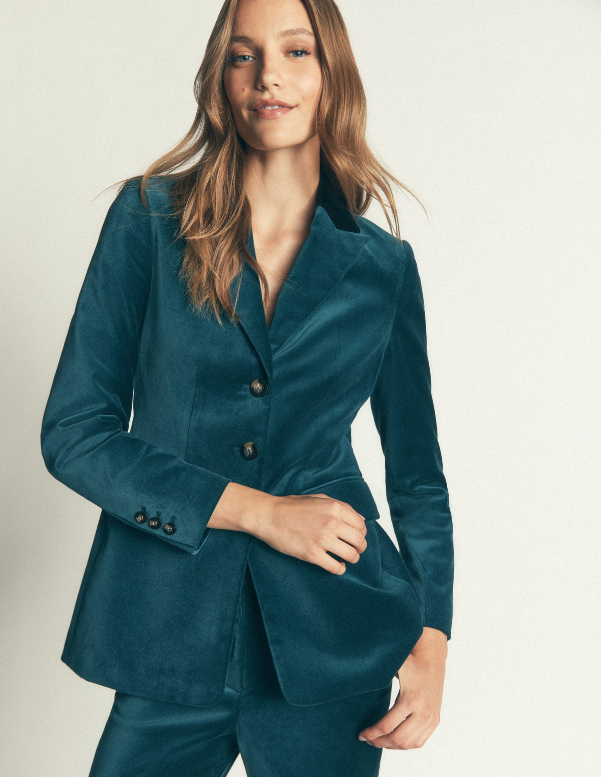 Longline Velvet Button Blazer-Teal Ocean - Image 2