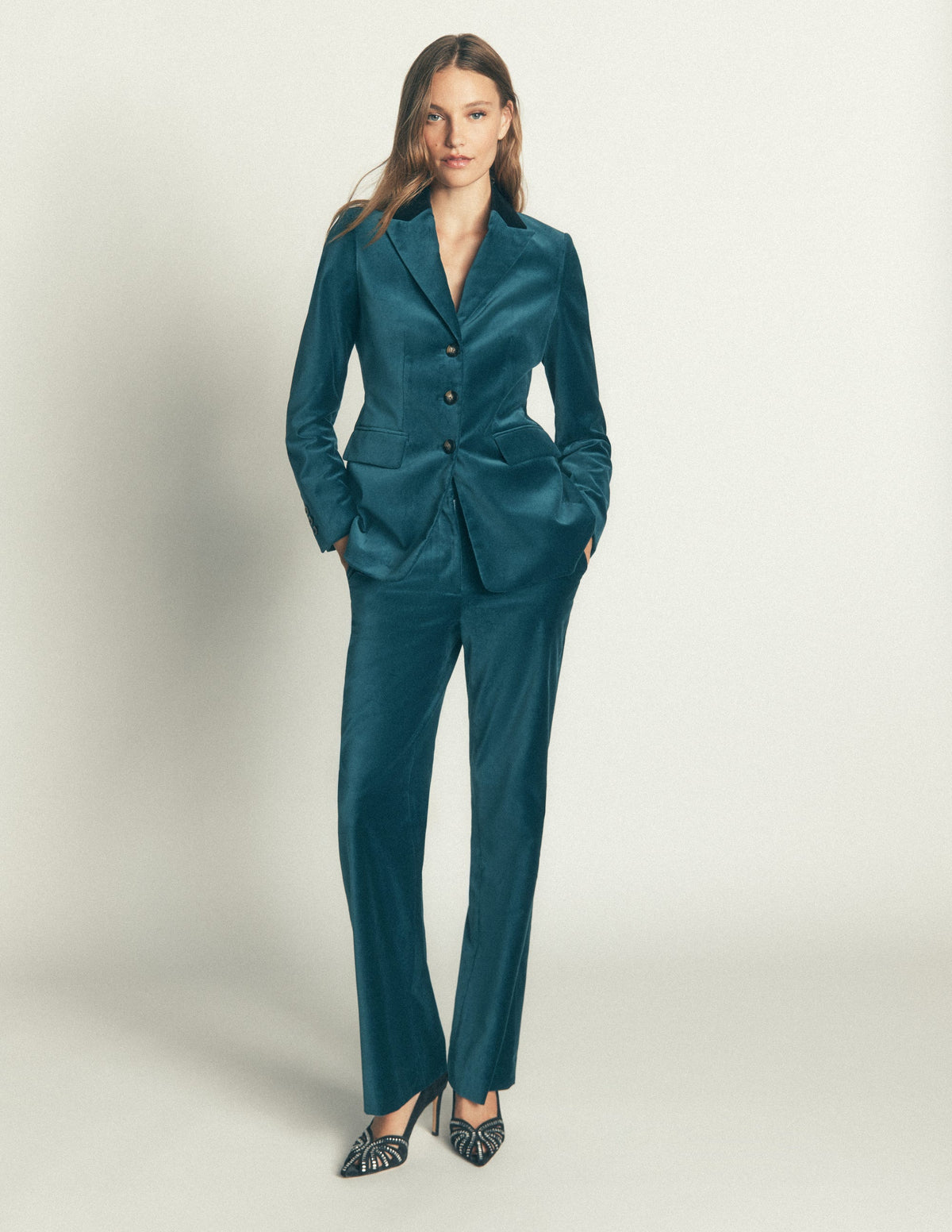 Longline Velvet Button Blazer-Teal Ocean - Image 5