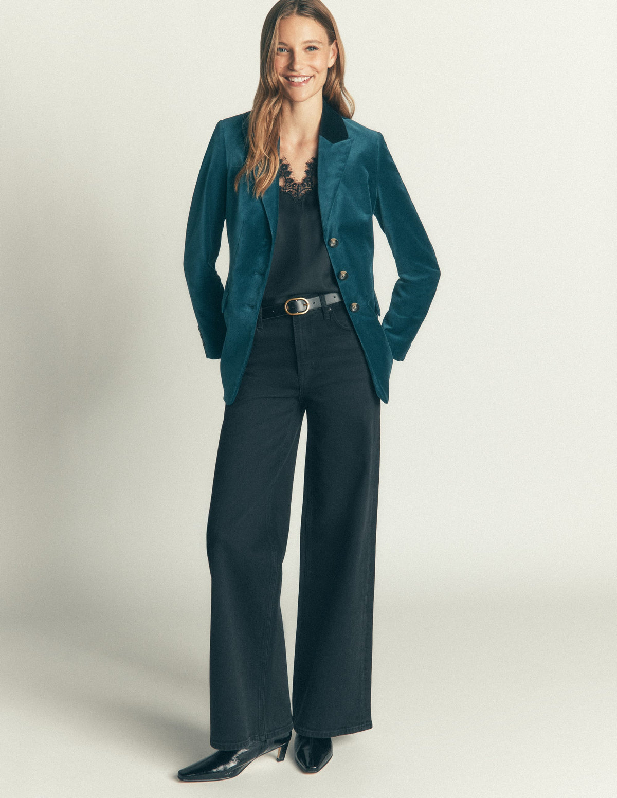 Longline Velvet Button Blazer-Teal Ocean - Image 7