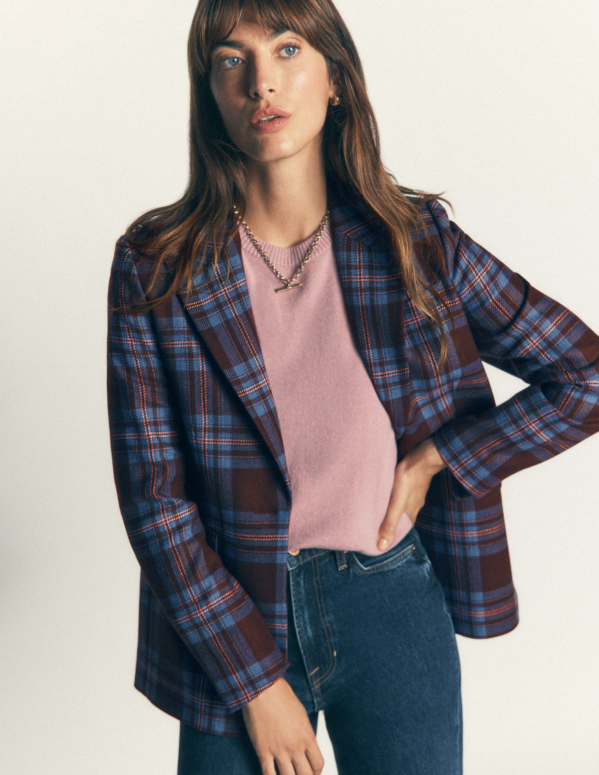 Woodbridge Wool Blend Blazer-Brown, Blue and Pink Check - Image 1