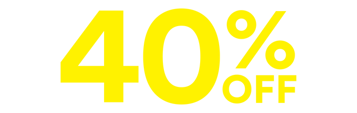 Bright yellow '40% OFF' promotional text on a plain white background.