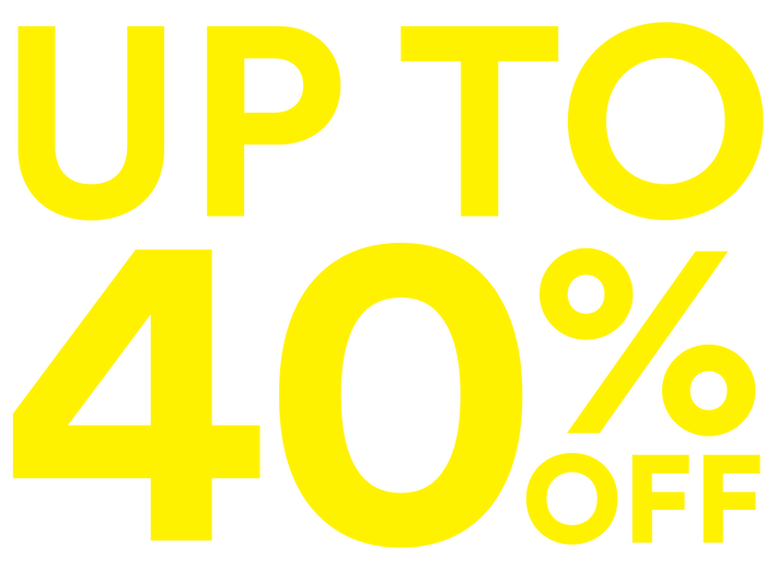Promotional text 'UP TO 40% OFF' in bright yellow on a white background