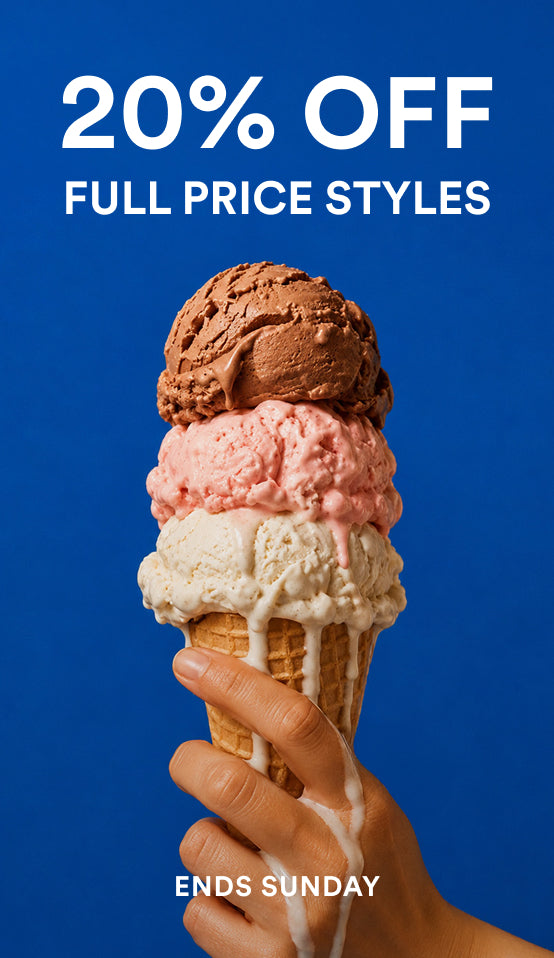 A hand holding a three-scoop ice cream cone against a solid blue background, with promotional text reading '20% OFF FULL PRICE STYLES' at the top and 'ENDS SUNDAY' at the bottom.
