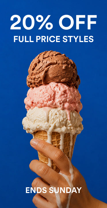A hand holding a three-scoop ice cream cone against a solid blue background, with promotional text reading '20% OFF FULL PRICE STYLES' at the top and 'ENDS SUNDAY' at the bottom.
