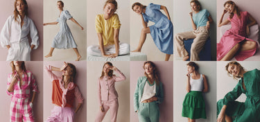 Collage of women wearing various outfits against a plain background