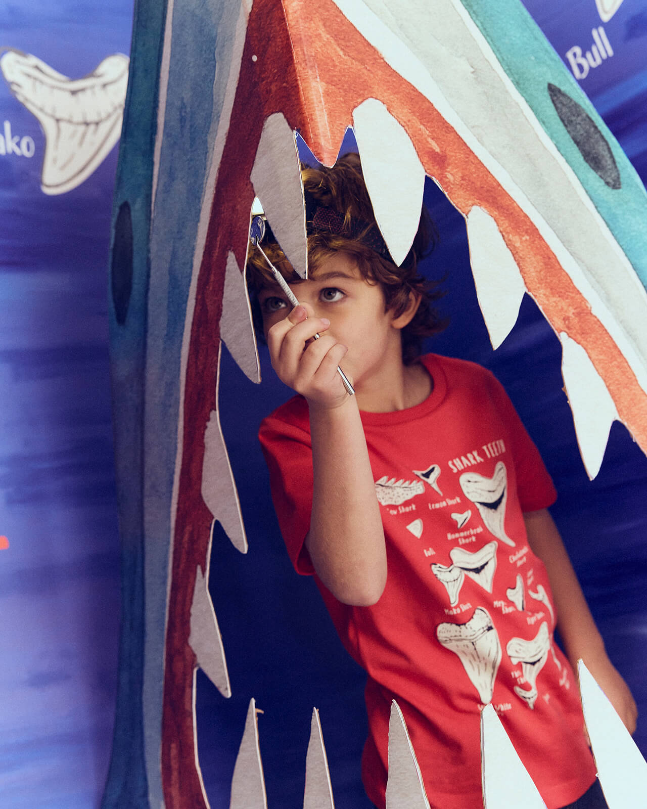 Child wearing a red shirt with shark design peeking out from behind a shark-themed inflatable slide.