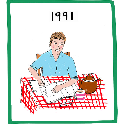 Illustration of a person sitting at a table with a teapot and cup, labeled '1991'.
