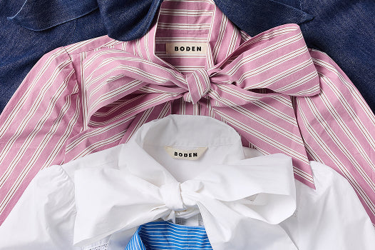 Collage of shirts with large bows and 'Boden' branding.