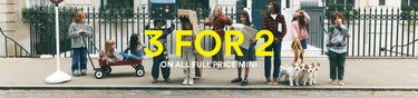 A promotional banner featuring a group of people and dogs standing on a sidewalk in front of a white building with a black fence. Large yellow text across the center reads '3 FOR 2' with smaller white text below reading 'ON ALL FULL PRICE MINI'.