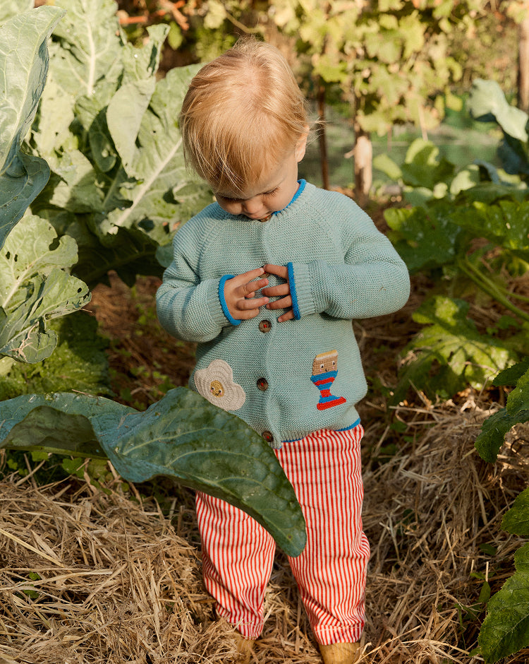 Child in a garden wearing a blue sweater with a design and red striped pants.