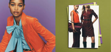 A fashion collage featuring a model in an orange blazer and light blue striped shirt with a large bow on the left, and a printed fashion magazine page on the right showing two women in coordinated outfits against a green background.