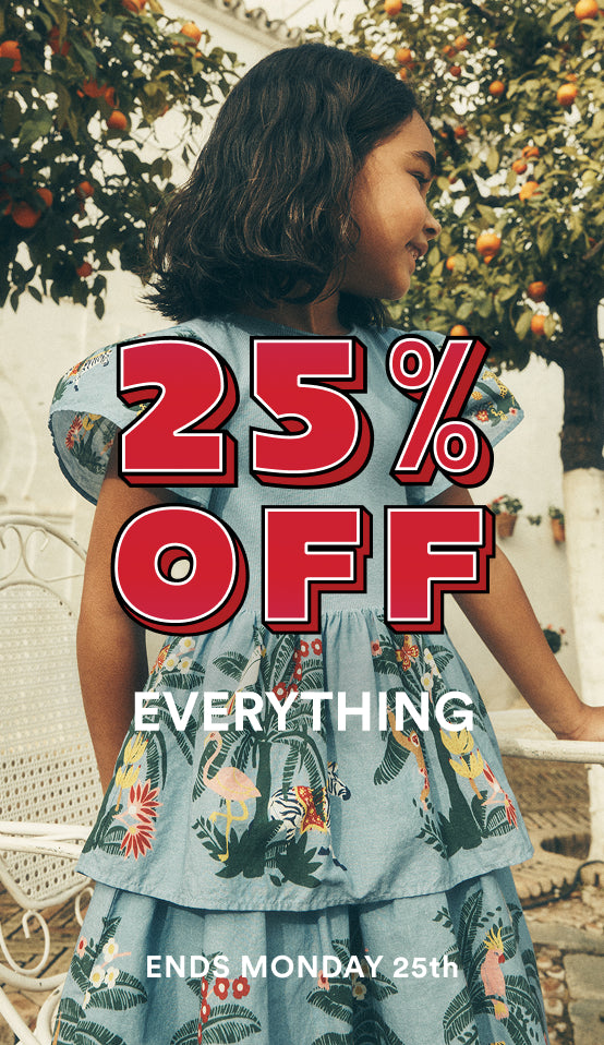 Promotional graphic with a person wearing a floral dress and '25% off Everything' text overlay.