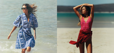Two women in beach attire on a beach setting.