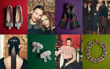 A 2x3 collage of six fashion lifestyle and product photos featuring women, men, and accessories: silver pointed flats on red, two women wearing statement collars, a green plaid scarf, a woman in a plaid dress in an indoor setting, a woman with a long black hair accessory, rhinestone bow clips on green, a woman in a pink embellished top, and a pearl-and-gold circular headpiece on a green background.