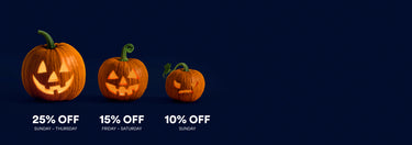 Halloween sale banner featuring three illuminated pumpkin carvings with seasonal discounts: 25% off Sunday to Thursday, 15% off Friday to Saturday, and 10% off Sunday.