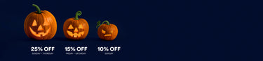 Halloween sale banner featuring three illuminated pumpkin carvings with seasonal discounts: 25% off Sunday to Thursday, 15% off Friday to Saturday, and 10% off Sunday.
