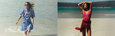 Two women in beach attire on a beach setting.