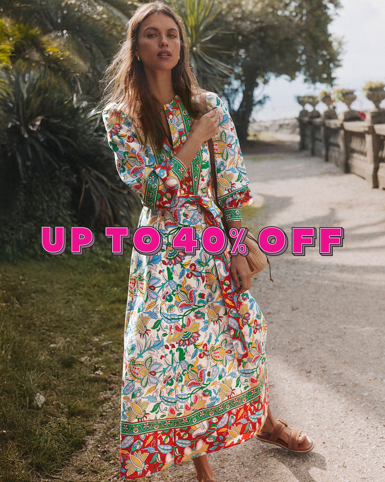 Woman in a colorful dress standing outdoors with promotional text overlay