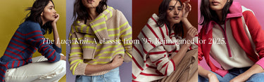 Four women wearing colourful knitted sweaters with text about a classic design re-imagined.