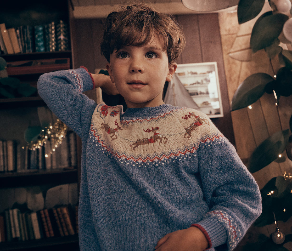A young boy wearing a blue knit Christmas sweater with a cream yoke featuring reindeer and red accents, posed in a cozy indoor setting with bookshelves and warm string lights in the background.